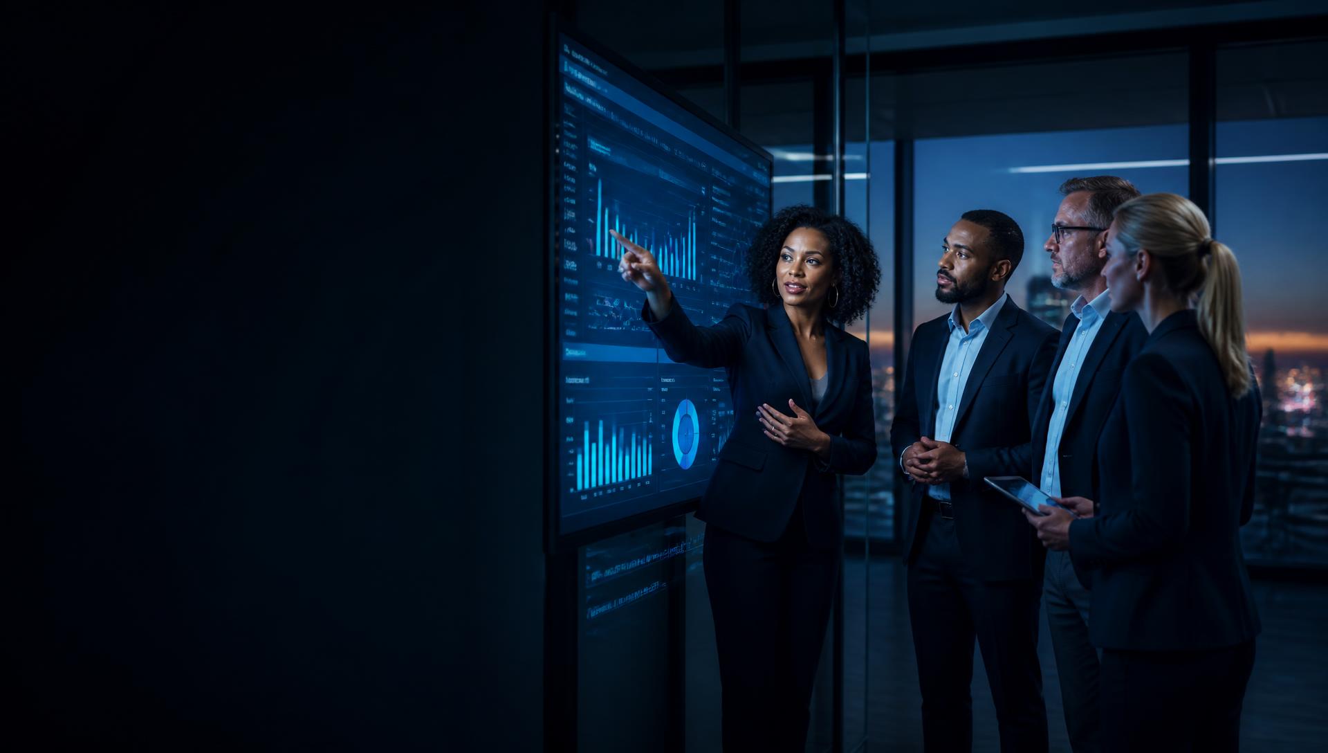A diverse team of business technology professionals collaborating on a data dashboard in a modern office